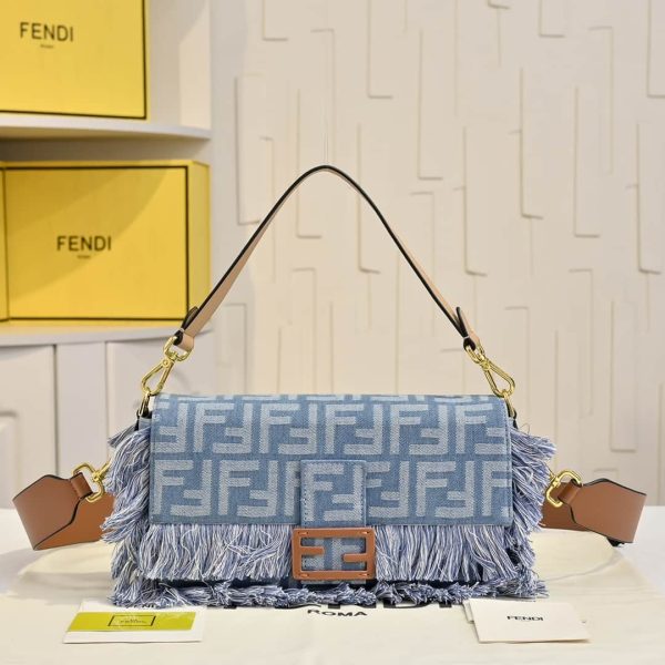 Baguette Blue denim-effect FF jacquard bag (1)