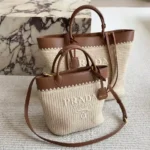 Prada Small Medium Woven Fabric and Leather Tote Bag (0)
