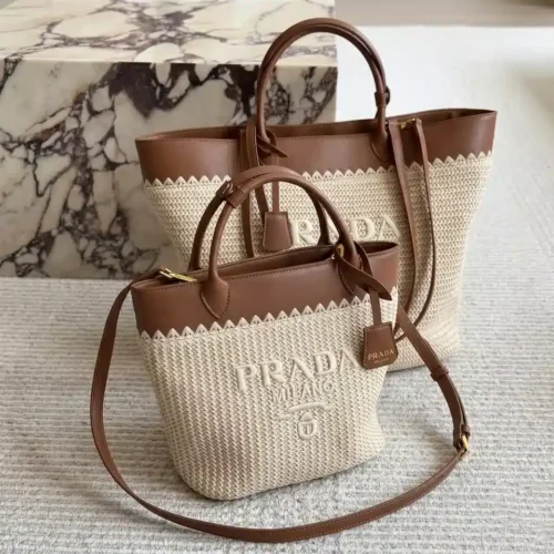 Prada Small Medium Woven Fabric and Leather Tote Bag (0)
