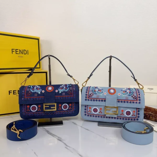 Baguette Light blue denim bag with multicolour embroidery